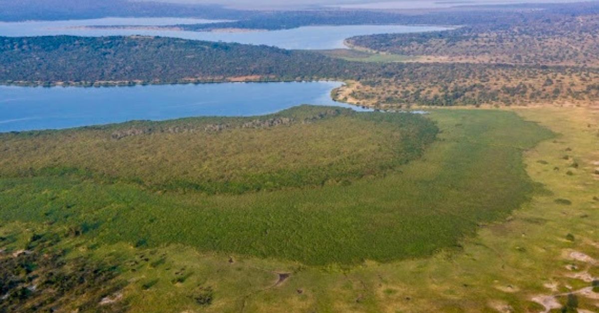 Wetlands showing lakes, scrubland a and grazing areas.