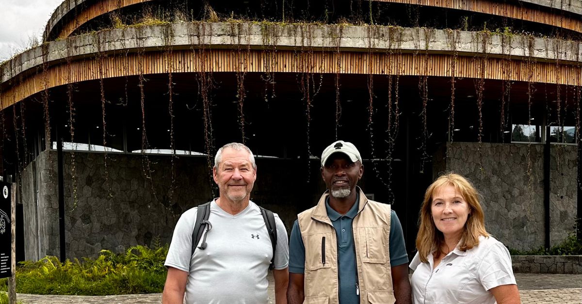 Entrance to Dian Fossey Ellen Center in Rwanda with guests.
