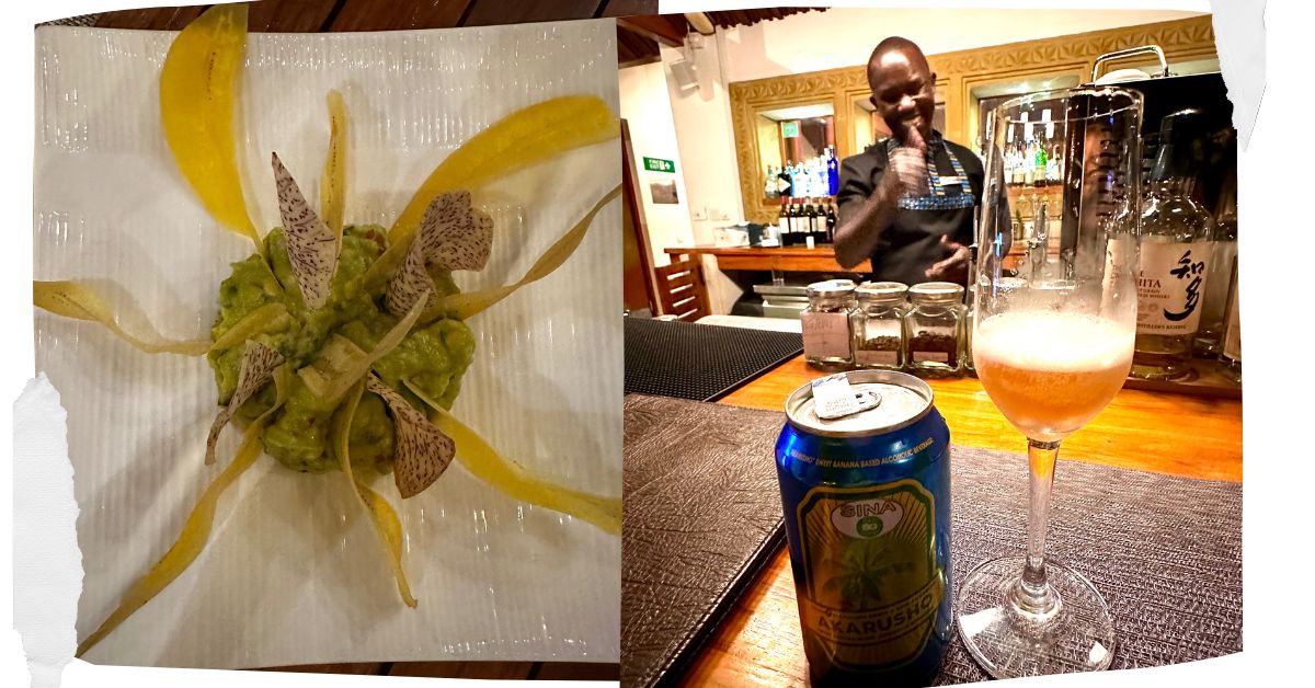 Traditional Rwanda Food and Banana Beer served by a bartender in Kigali.
