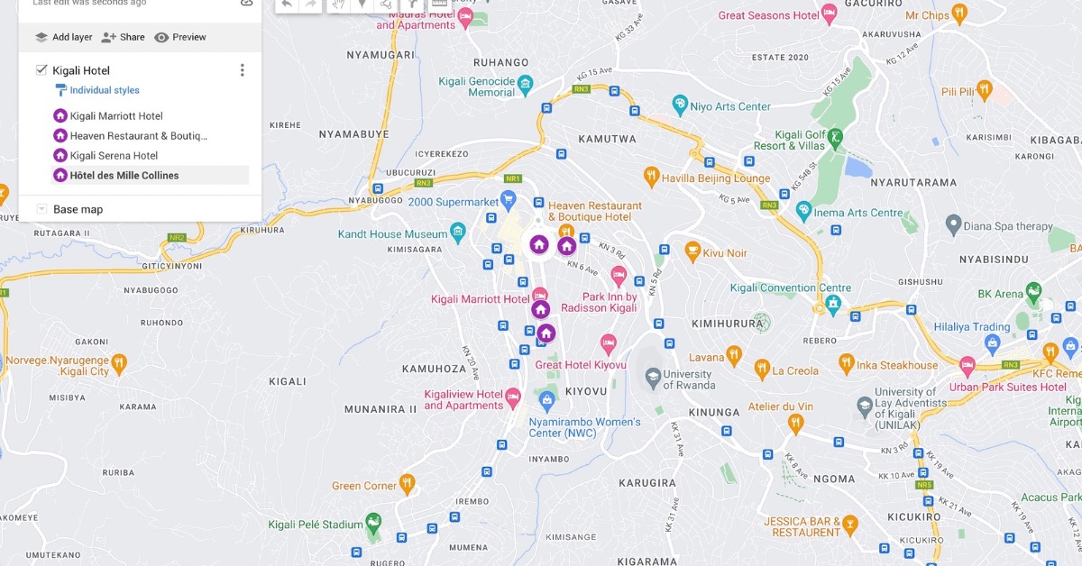Google Map of Recommended Hotels in Kigali.