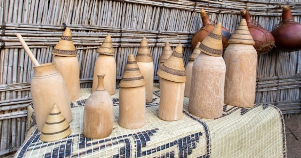 Traditional Rwandan  artifacts on display in a museum.