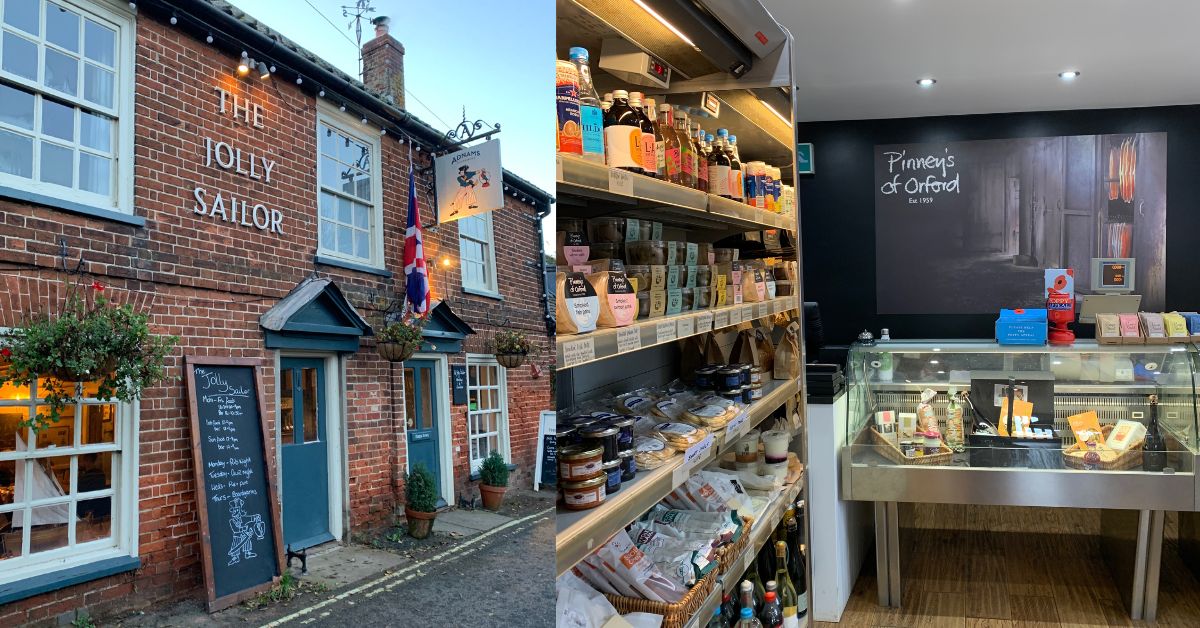 Jolly Sailor Pub with menu outside and image of inside a deli shop called Pinney's of Orford showing some produce