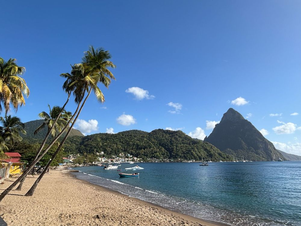 Sandy Beach lined with palm trees with St Lucia Pitons in background.