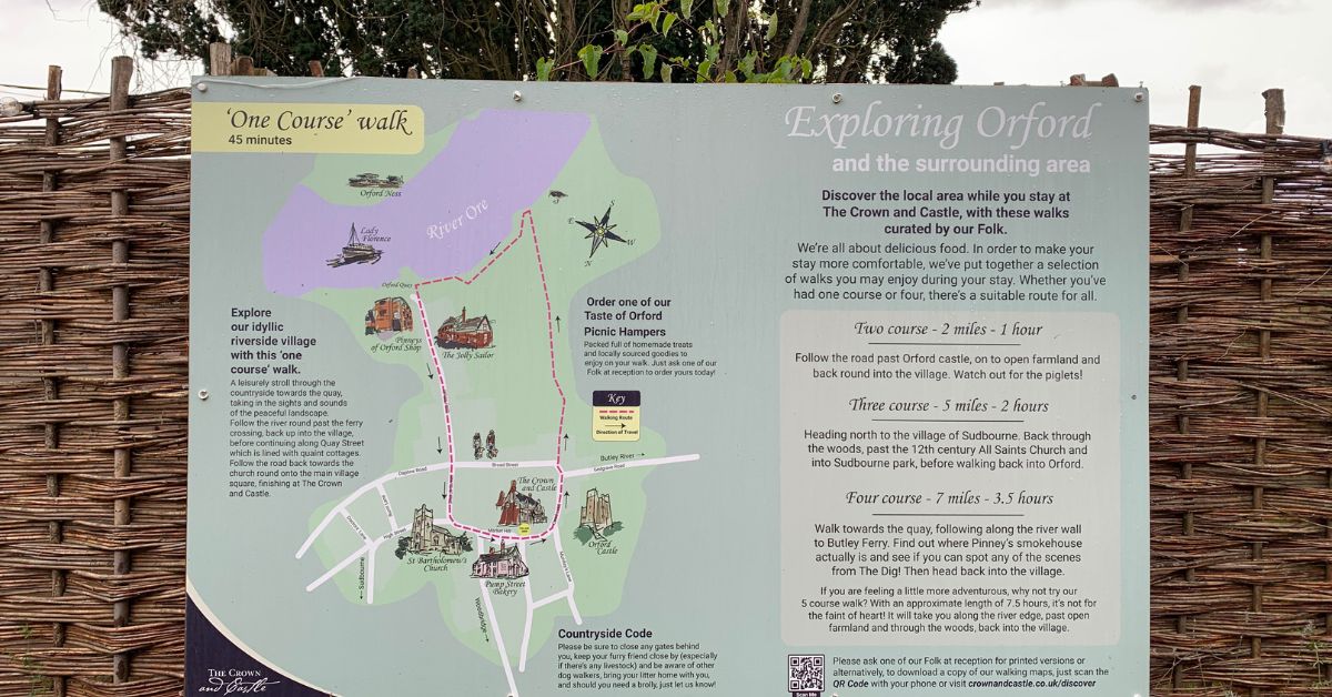 Sign with details about the route to take on a circular walk of Orford in Suffolk