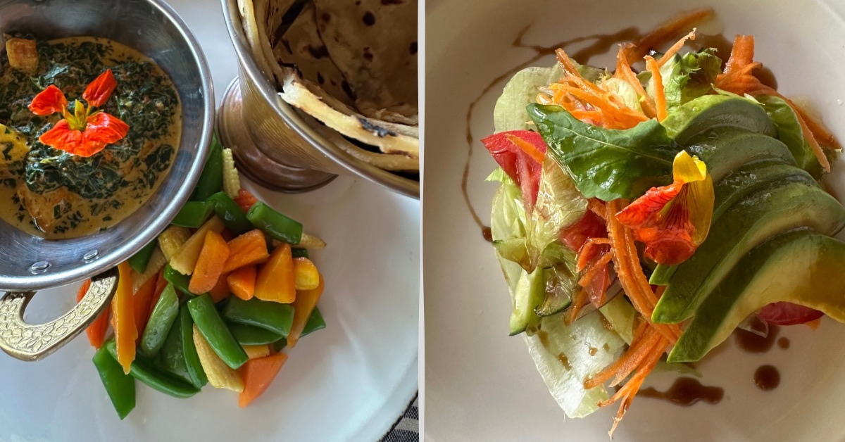 Dinner salads with vegetables and breads.