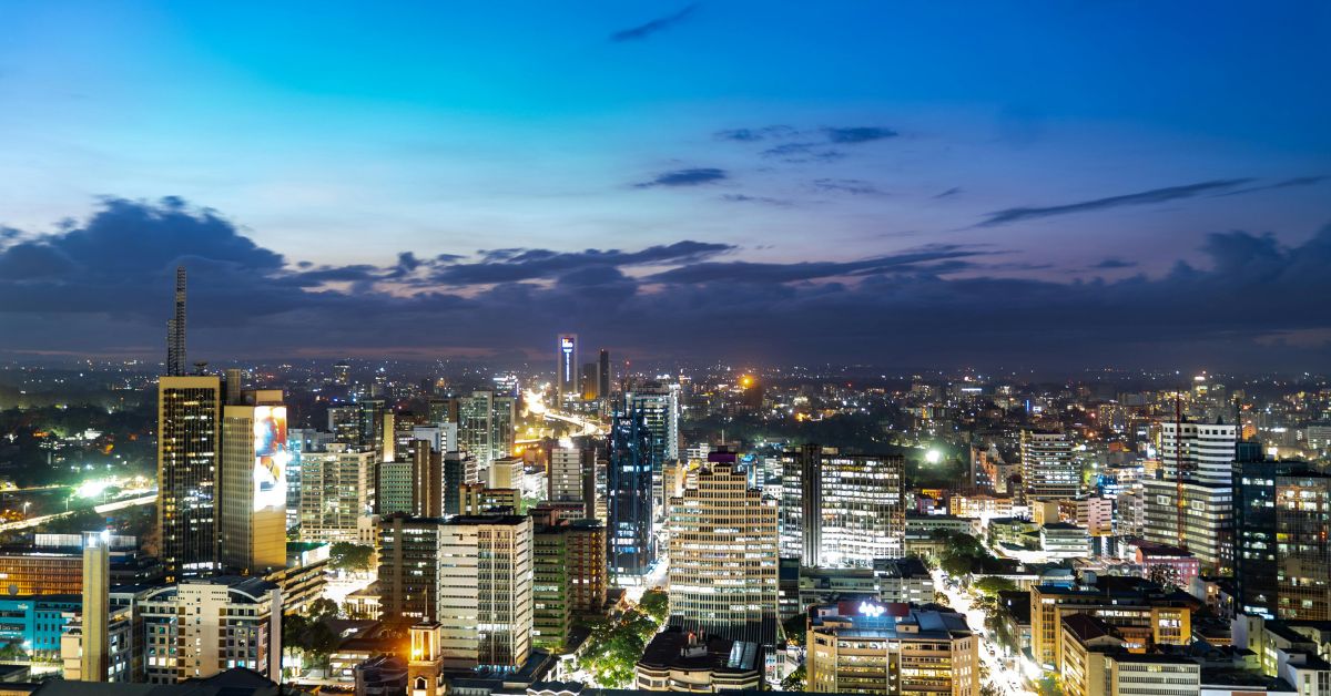 Lights of buildings and streets at night in Nairobi.