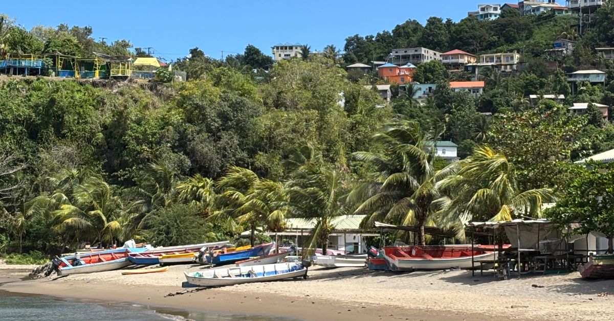 Beach with small colourful boats pulled up on the sand, palm trees along the beach and colourful houses in the hills above