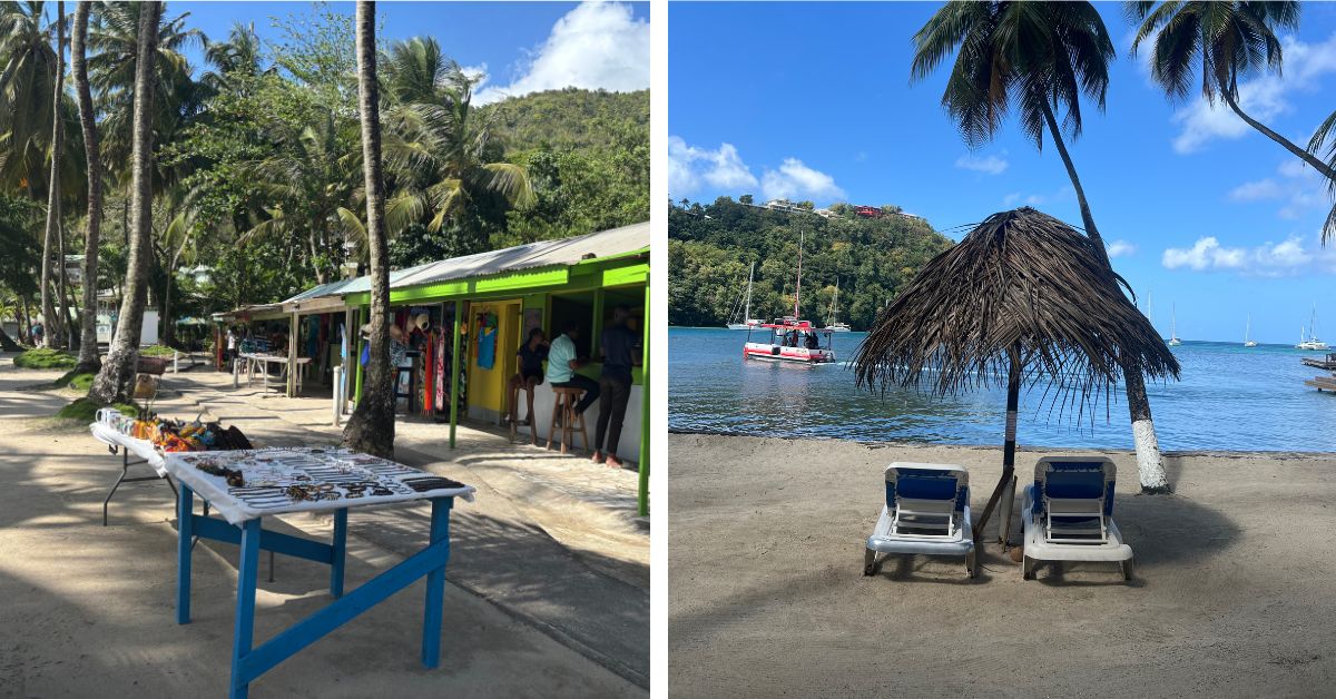 Stall set out by colourful shacks selling local crafts. Another image opposite shows 2 sun loungers under a palm umbrella with the sea in the background.