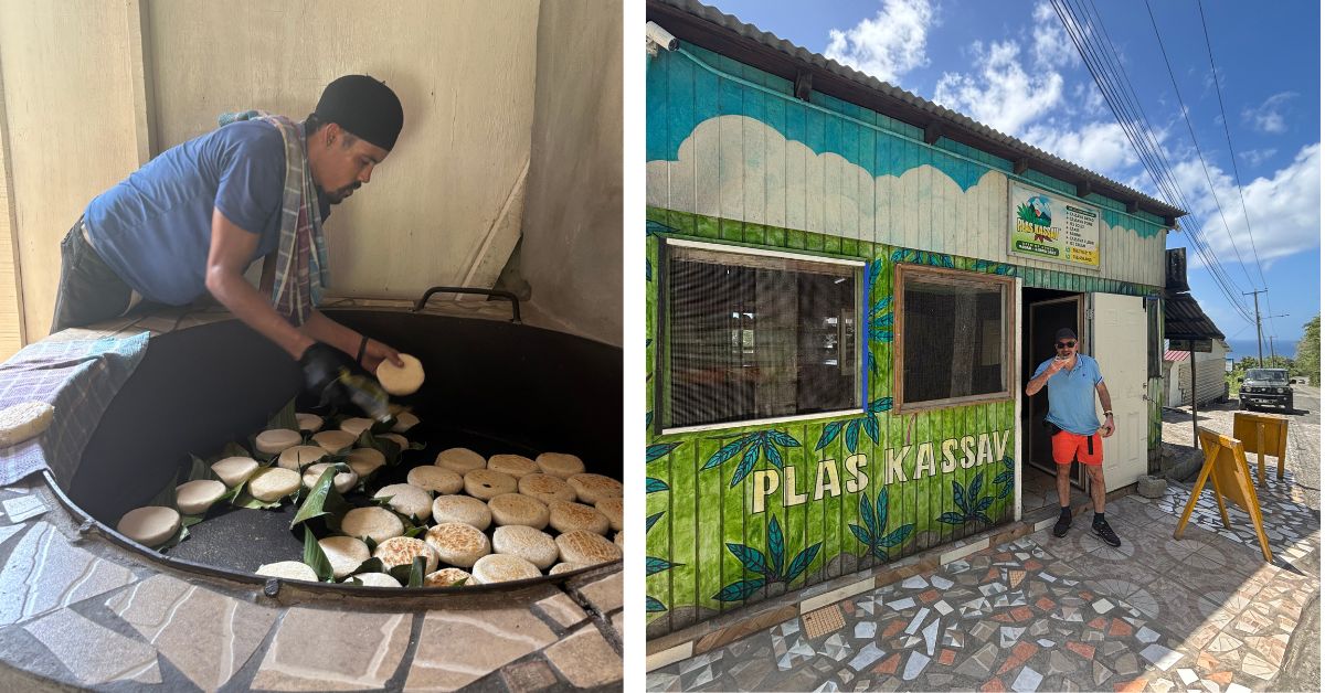 Traditional Bakery with man cooking bread in a large pan and opposite an image of the outside of the bakery with a man eating some bread