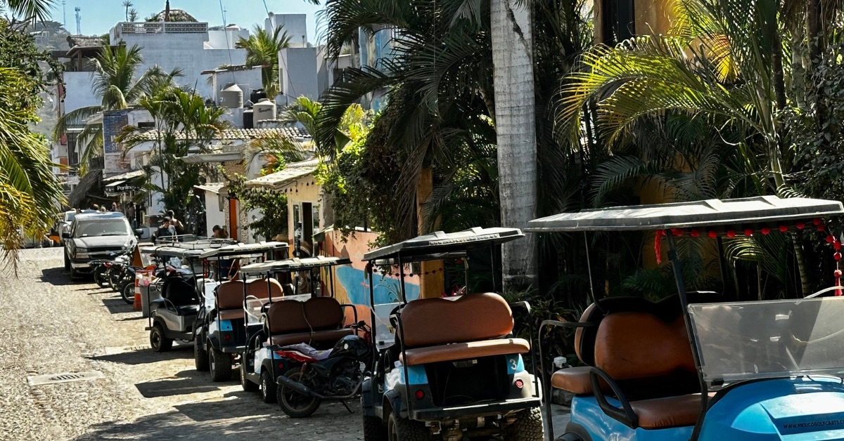 Golf carts parked up on a side street.
