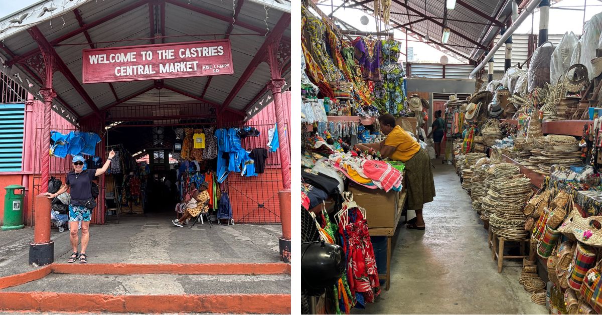 Woman pointing to a sign that says Castries Market and an image of the market inside with lots of handicrafts like baskets and fabrics