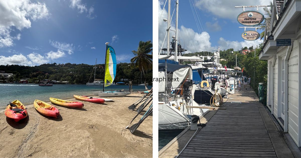 Kayaks on the beach and opposite wooden boardwalk with boats moored up.