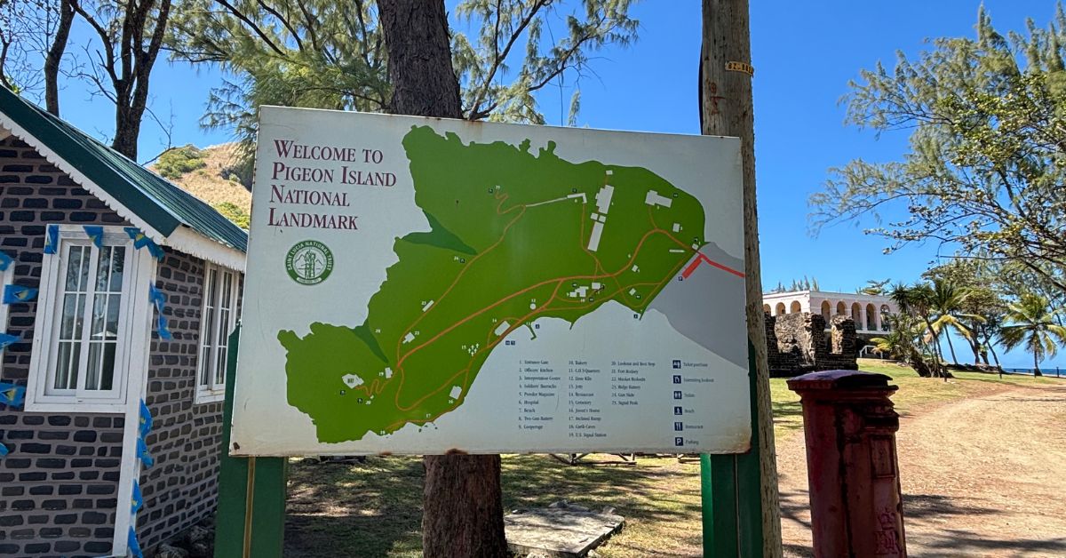 sign with a map of Pigeon Island and its facilities