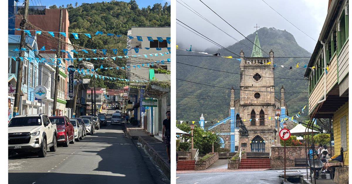 Narrow street with blue bunting, cars parked on one side and colourful buildings, a second image shows a church with a big hill in the background