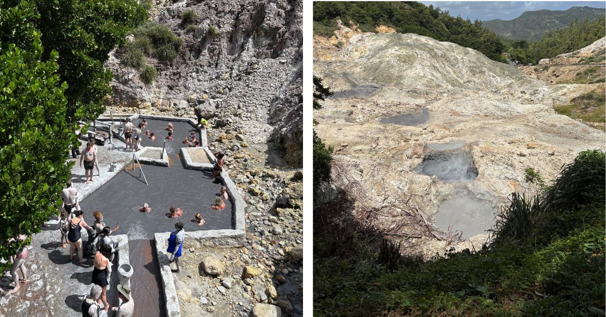 2 images - one of people in a hot springs mud bath and one of a volcano showing pools of hot volcanic water