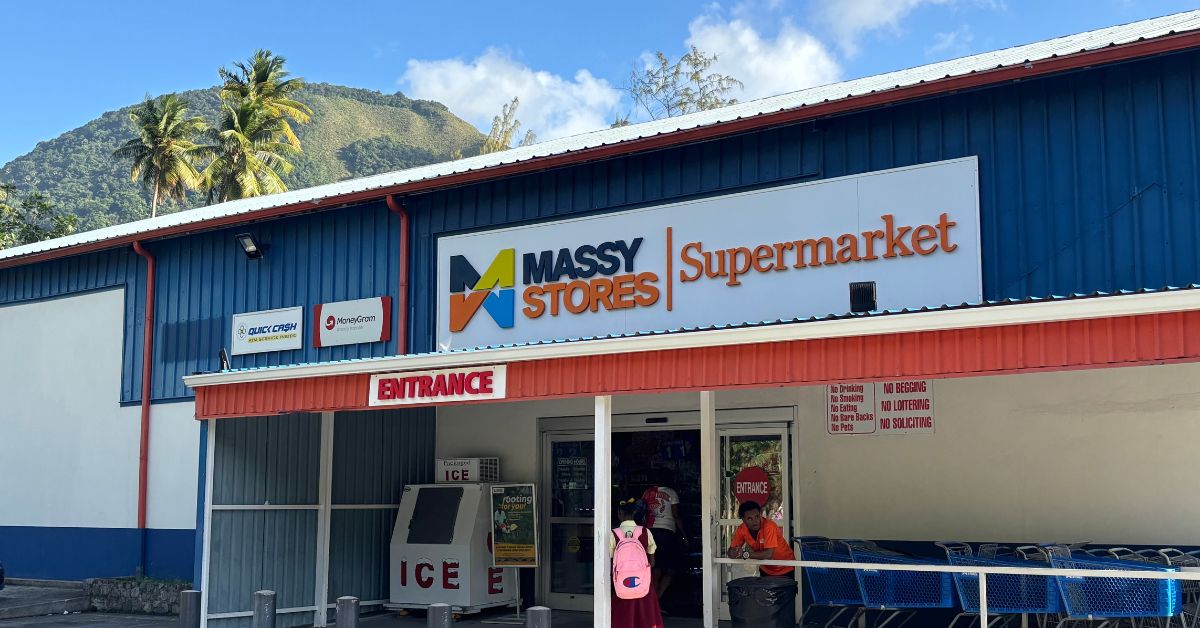 Entrance to a supermarket called Massy Stores