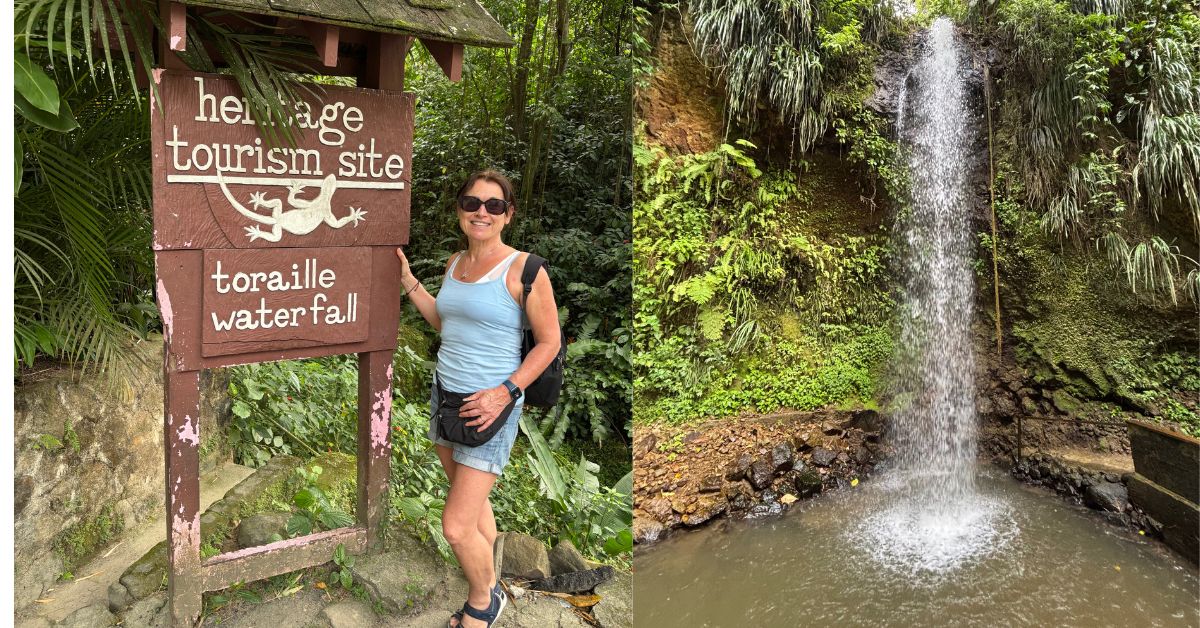 Woman standing next to entrance sign for the Toraille Waterfall and a second image of the waterfall