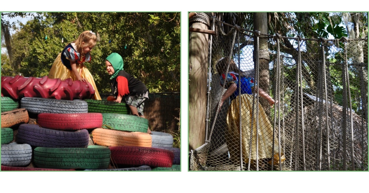 Children playing on painted tires and walking a rope bridge in a playground in Sarasota.