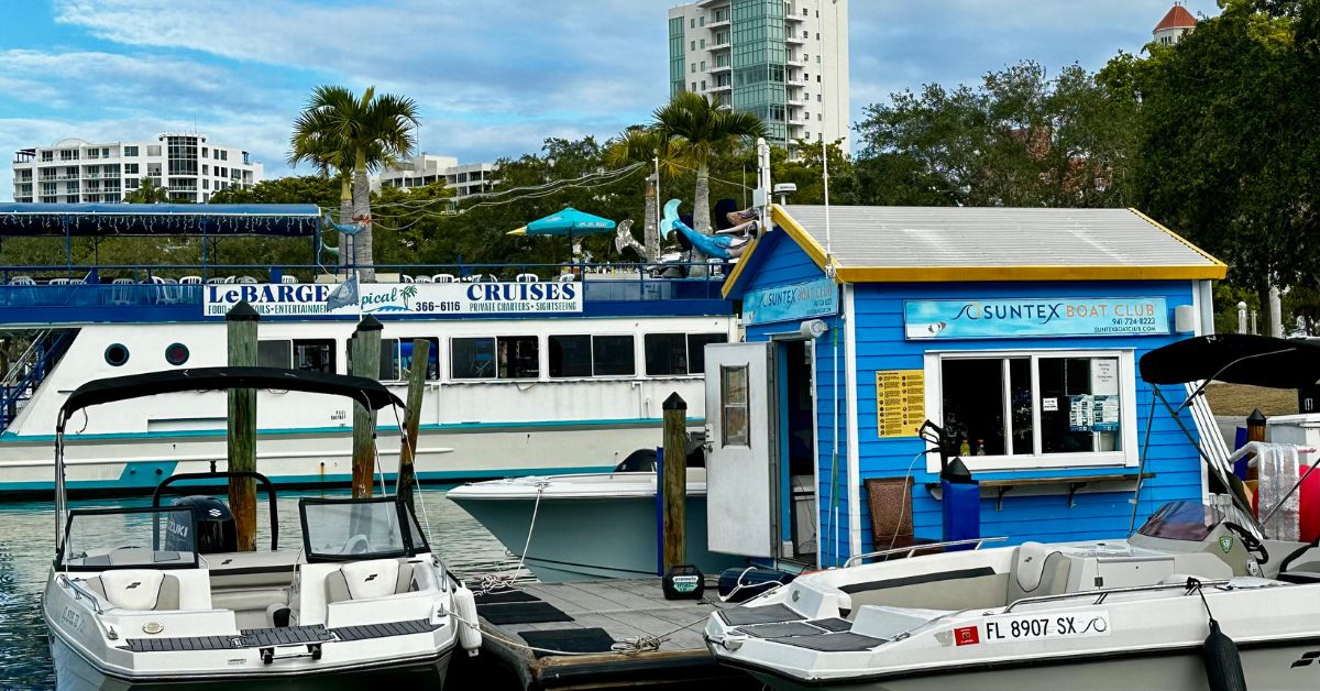 Marina with several boats moored.