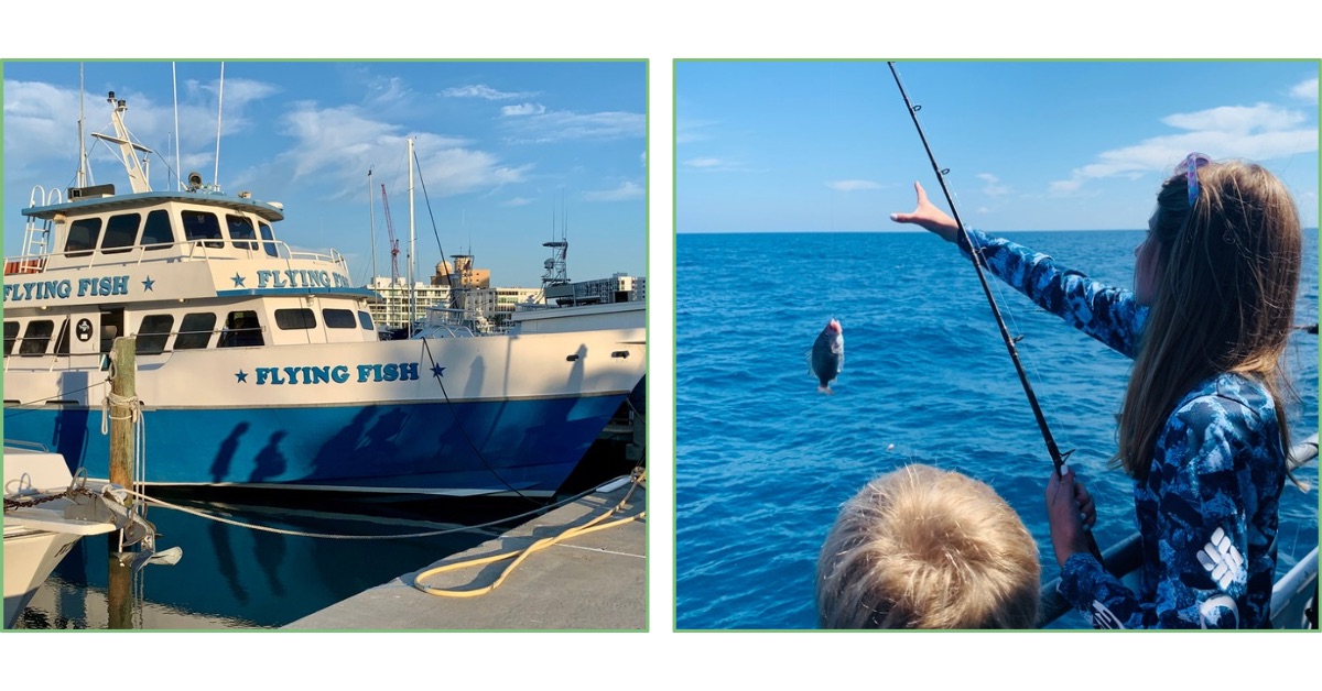 A fishing boat called the Flying Fish and two children catching a fish from it in Sarasota.