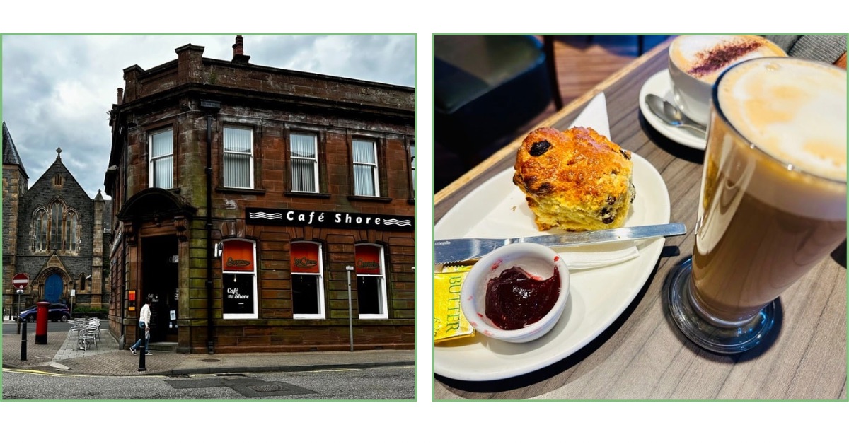 Exterior of brick 2 story building that is home to Cafe Shore, a popular locals cafe with home baking.