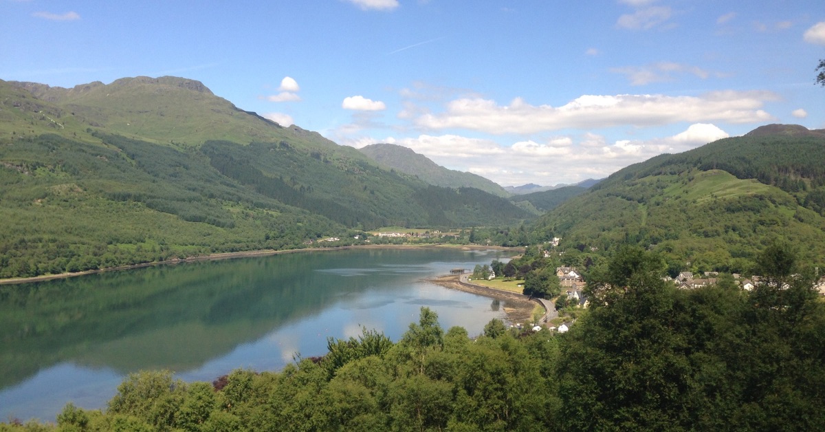View of coastal train ride from Glasgow to Oban Scotland.