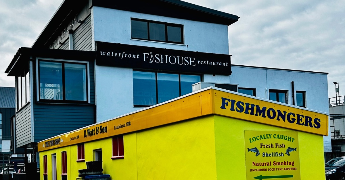 View of Waterfront Fishhouse Restaurant in Oban Scotland.