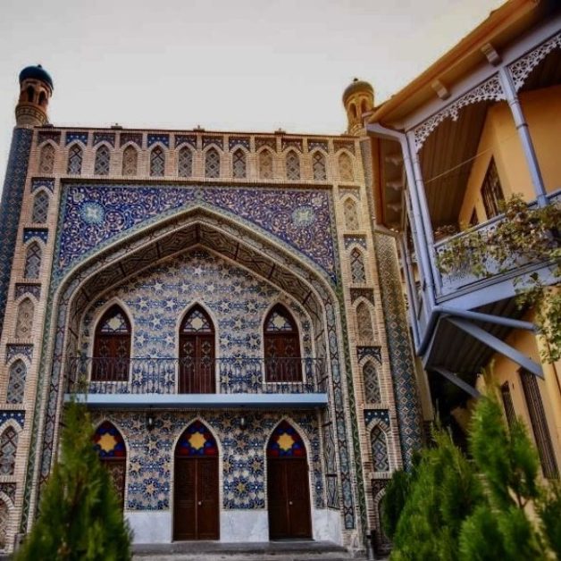 Blue Persian tiled exterior of Chreli-Abano (Orbeliani Baths) in Tbilisi Georgia.