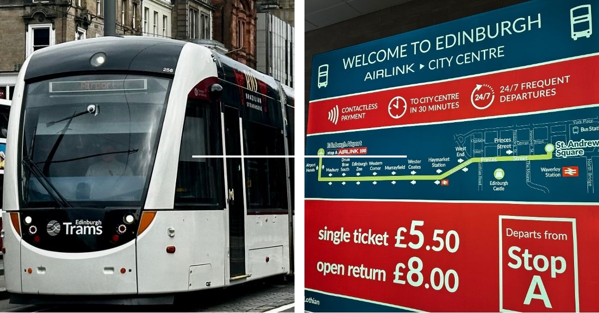 A tram and bus map to showing stops from Edinburgh Airport into the city.