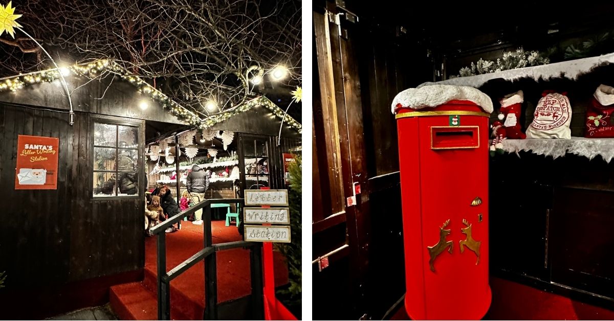 A hut used for children to write letters to Santa and a red post box to pop their letters into.