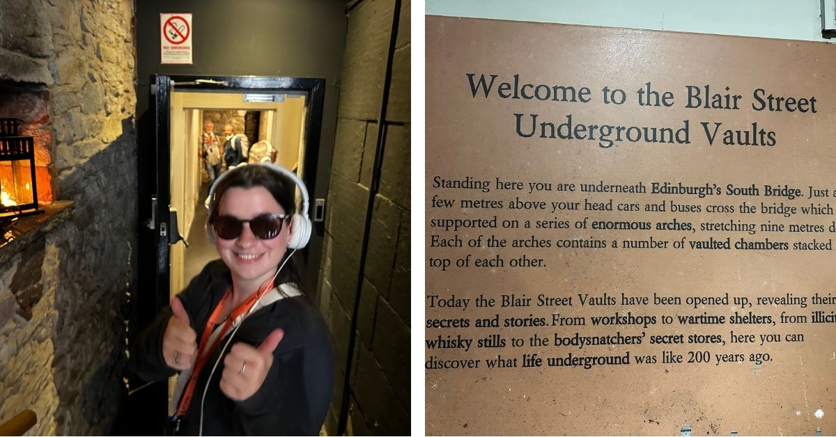 A woman with headphones on taking an underground tour in Edinburgh.