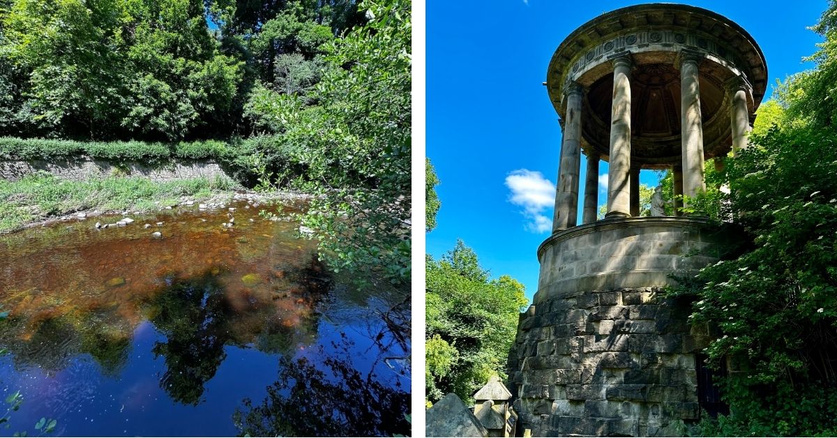 Calm waters show reflection of trees and an old circular building with stone columns.