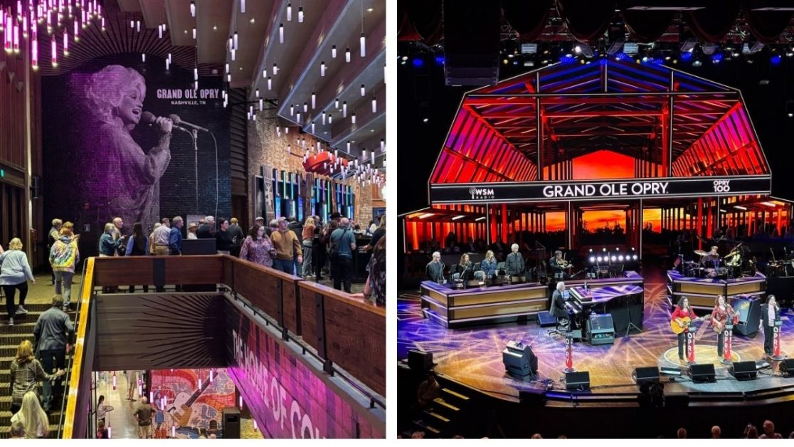 People walking up stairs to seating in Grand Ole Opry Nashville and a view of performers on stage.