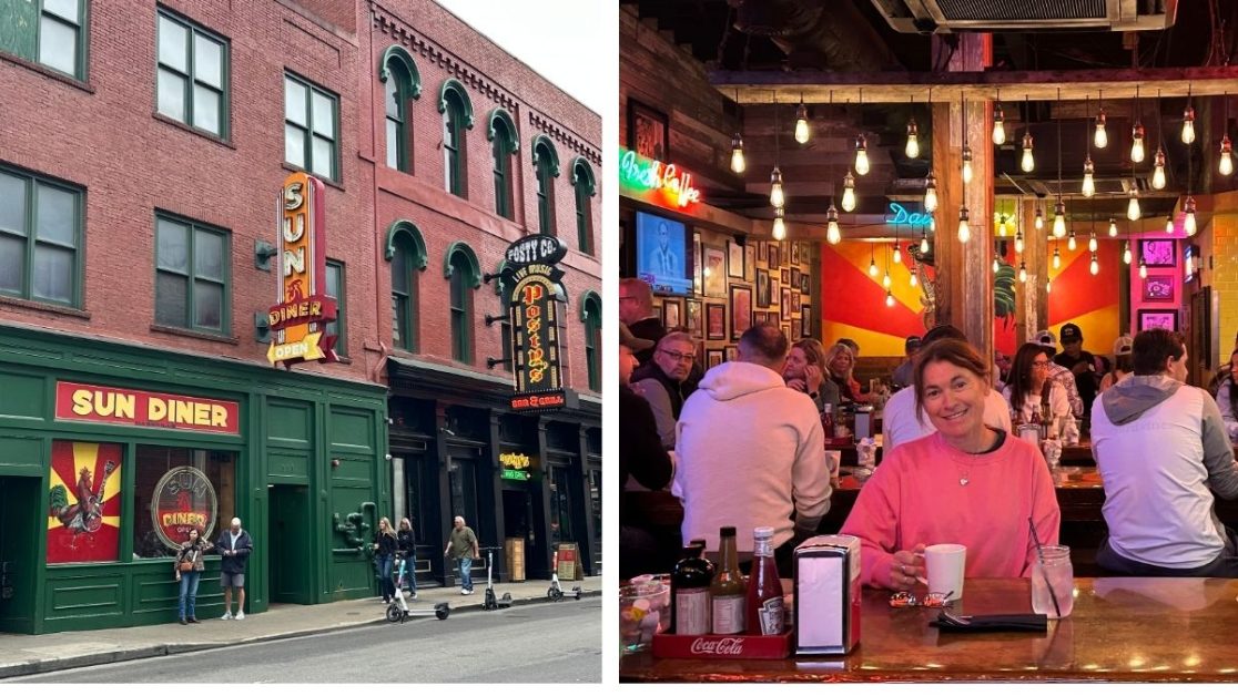 Green painted exterior view of Sun Diner Nashville and customers sitting a family style seating.