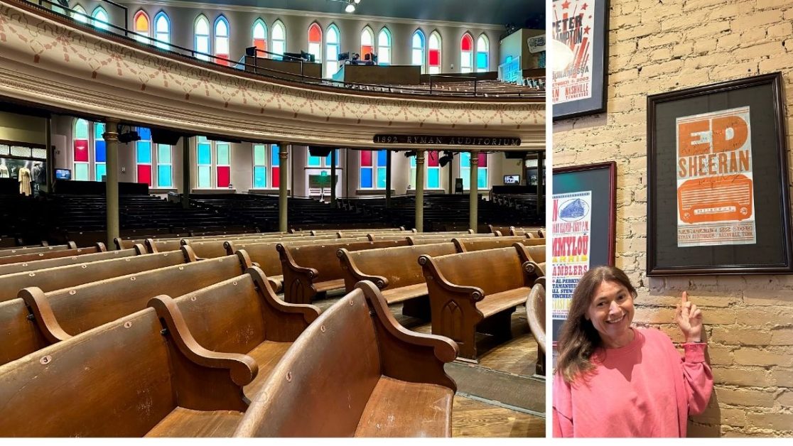 Stain glass arch windows and church pews of Ryman Auditorium Nashville.