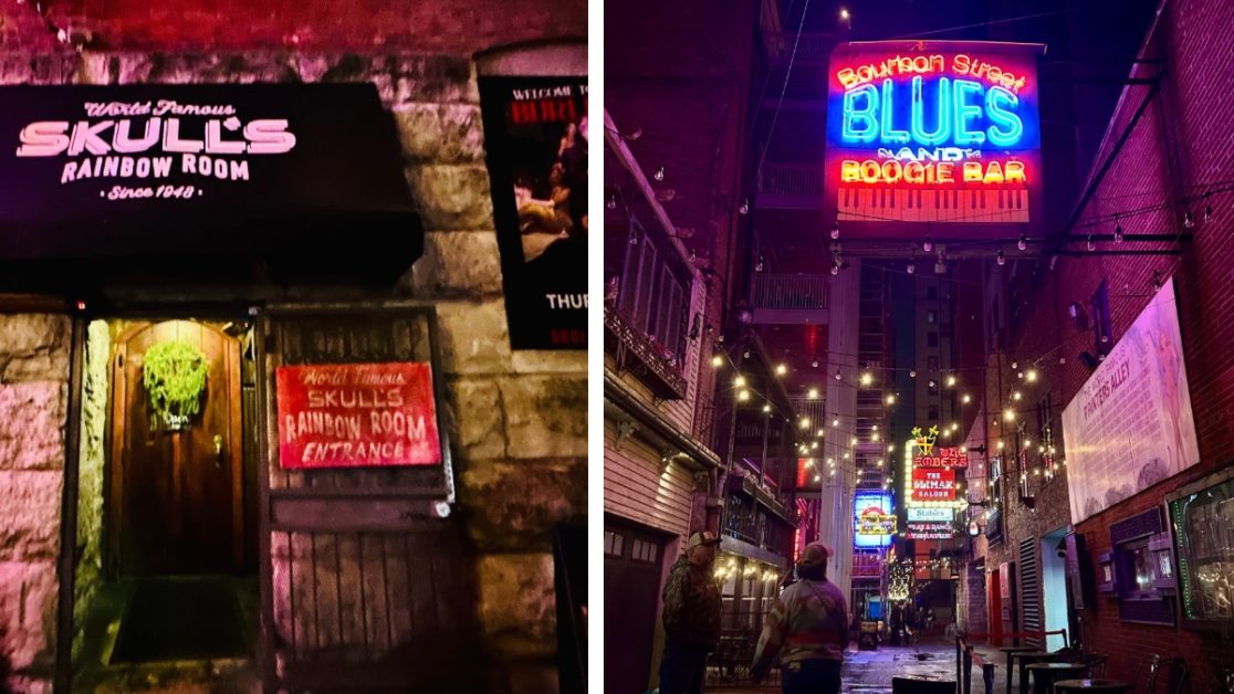 Neon lit signs in Printer’s Alley bars Nashville for Blues and Boogie Bar, and Skulls Rainbow Room.