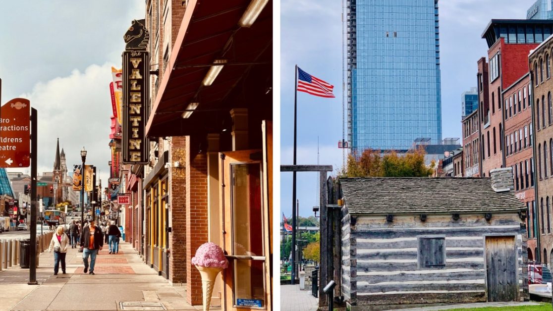 A street with tourists exploring Nashville and a replica of an original wooden fort hut.